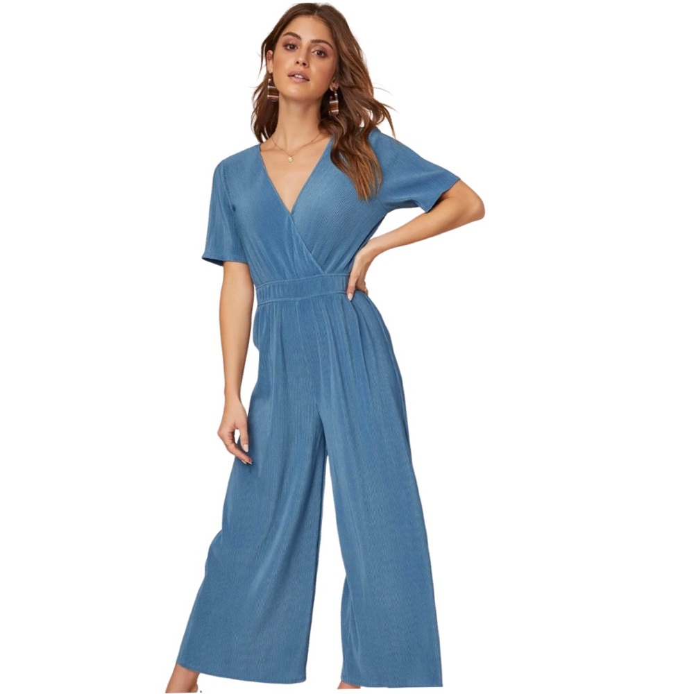 ASTR THE LABEL Wrap Front Wide Leg Jumpsuit In Steel Blue